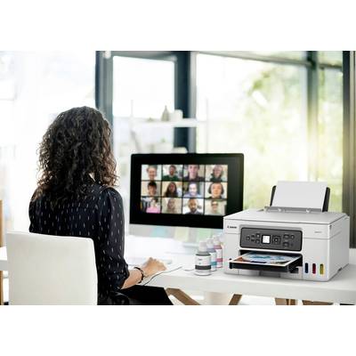 Eine Frau sitzt an einem Schreibtisch und nimmt an einer Videokonferenz auf einem Computerbildschirm teil. Neben ihr steht ein Drucker.