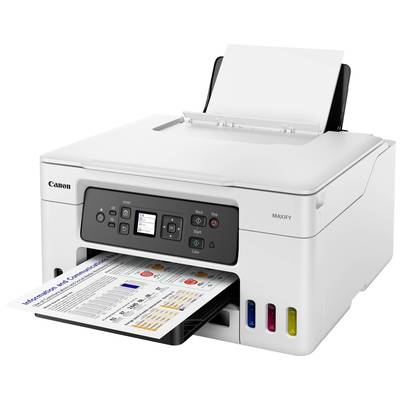 Ein weißer Canon-Drucker der Serie Maxify mit eingebautem Display und Tasten druckt ein farbiges Dokument mit Grafiken und Text.