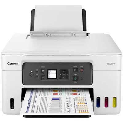Ein Canon MAXIFY Drucker, auf dem ein Farbdiagramm gedruckt wird. Der Drucker hat ein digitales Display und farbige Tintenpatronen.
