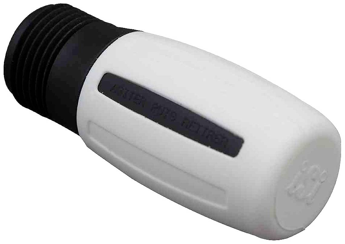 Zylinderförmiges Kunststoffbauteil mit schwarzem Gewinde und weißem Körper, Aufschrift 'Vortex Flow Meter' an der Seite.