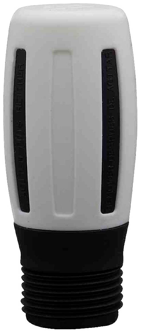 Weiße und schwarze Armatur mit geriffeltem Anschluss. Sie hat vertikale Linien zur Verzierung und dient vermutlich zur Wasserregelung.