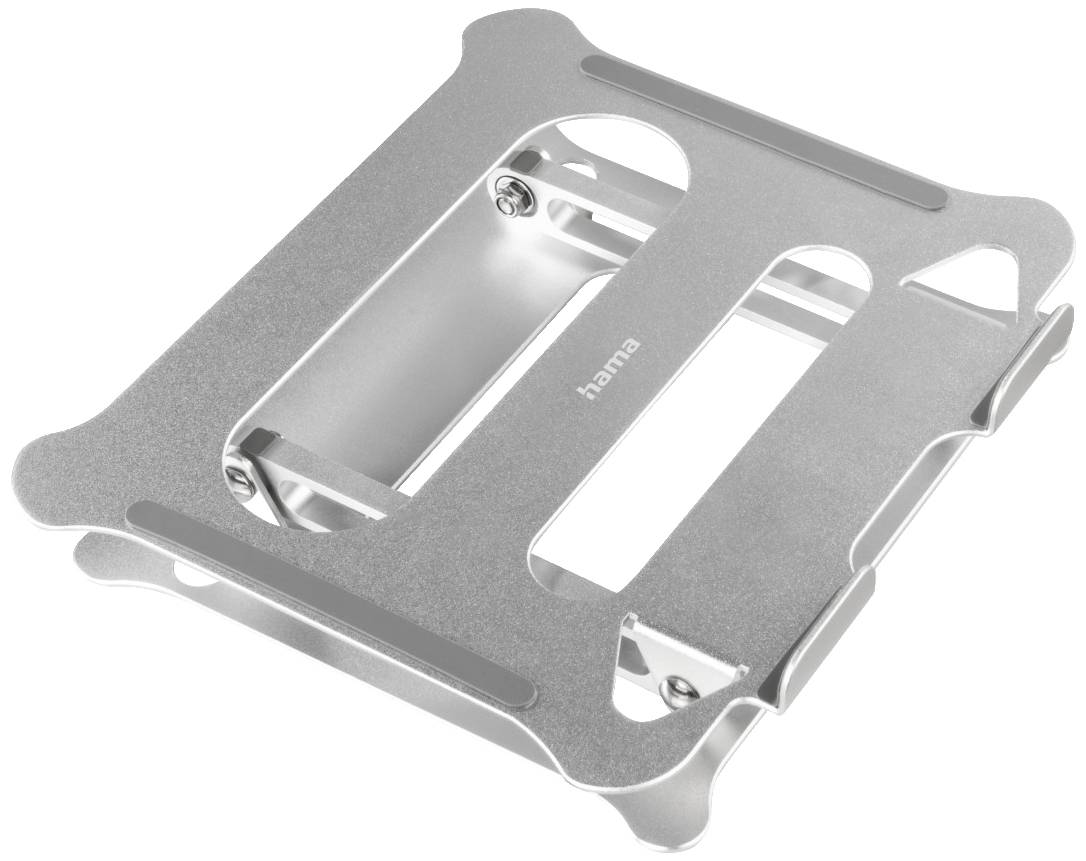 Ein silberner Metall-Laptopständer mit Schlitzen für Belüftung, von der Marke Hama. Entworfen zur besseren Luftzirkulation.