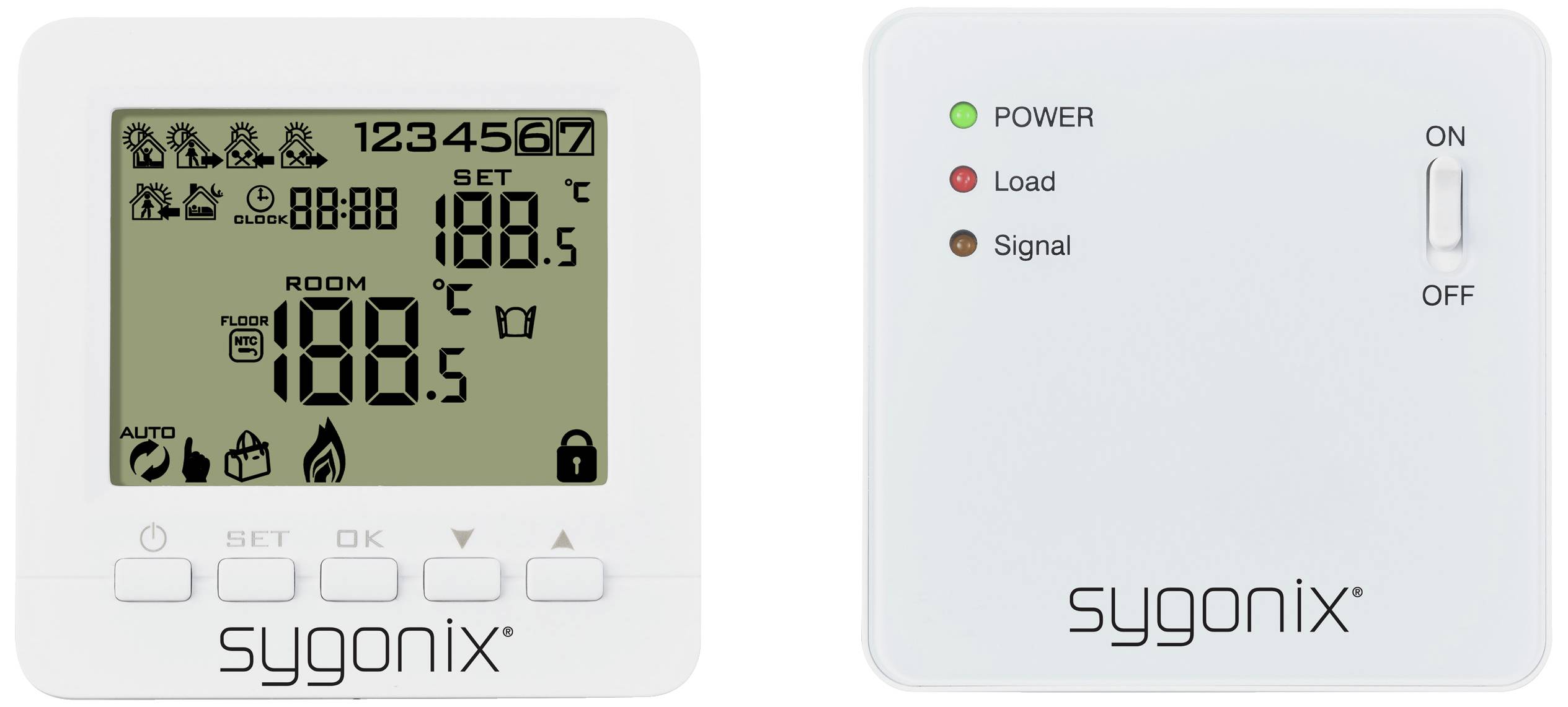 Zwei Sygonix-Geräte: Links ein Thermostat mit Temperaturanzeige und Symbolen, rechts ein Steuergerät mit Power-, Load- und Signal-Anzeigen.