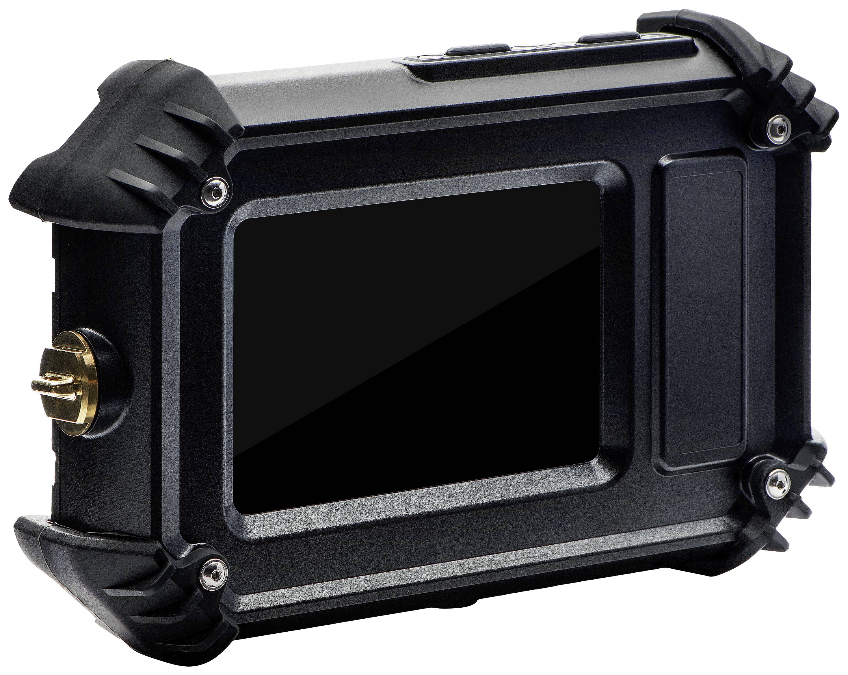 Ein schwarzes, robustes elektronisches Gerät mit Display und Schutzgehäuse, vermutlich für den Außeneinsatz geeignet.