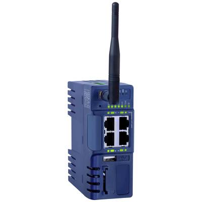 Ein industrieller Router in einem blauen Gehäuse mit mehreren Ethernet-Ports und einer Antenne auf der Oberseite.