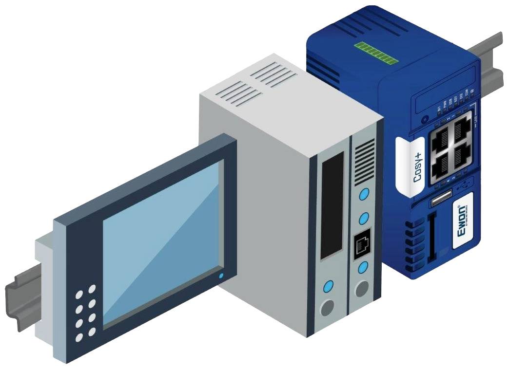 Industrieelektronik: Touchscreen-Panel links, zentrale Steuerungseinheit in der Mitte, und ein Modul mit Netzwerkanschlüssen rechts.