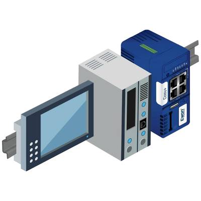 Industrieelektronik: Touchscreen-Panel links, zentrale Steuerungseinheit in der Mitte, und ein Modul mit Netzwerkanschlüssen rechts.