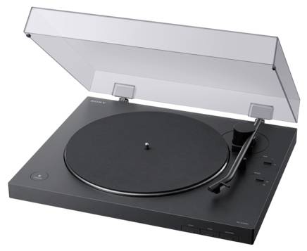 Plattenspieler mit offenem Deckel, Tonarm rechts, schwarzes Design.