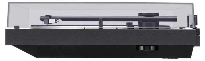 Ein schwarzer Schallplattenspieler mit transparentem Deckel, Tonarm in Ruheposition, modern und schlichtes Design.