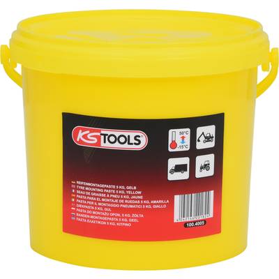 Gelber Eimer mit rotem 'KS Tools'-Logo, enthält Reifenmontagepaste. Piktogramme zeigen Temperaturbereich und Anwendungszwecke.