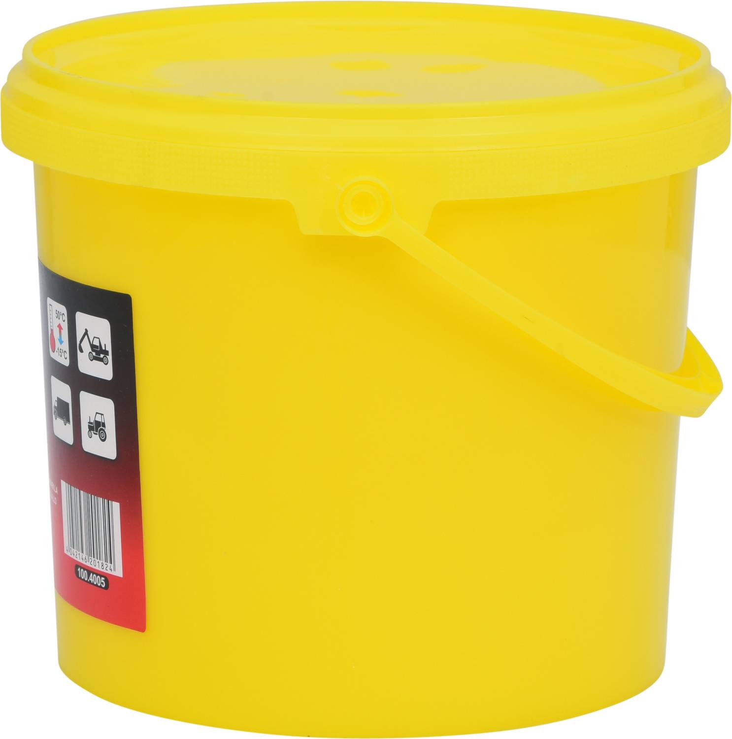 Ein gelber Plastikeimer mit Henkel und einem aufgesetzten Deckel. Der Eimer hat an der Seite ein Etikett mit Symbolen.