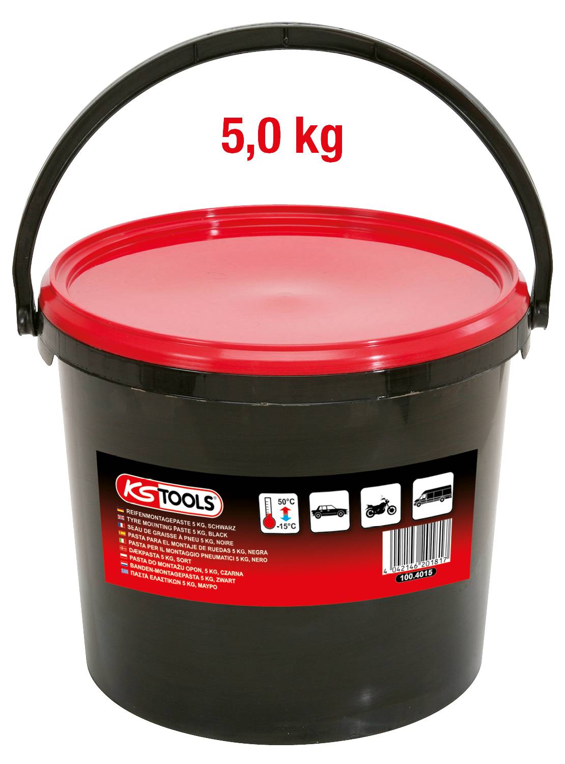 Ein schwarzer Eimer mit rotem Deckel und schwarzem Henkel enthält 5,0 kg Fett. Das Etikett zeigt Werkzeuge und Temperaturen (-30°C bis 135°C).