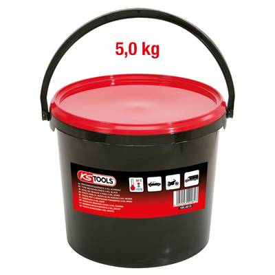 Ein schwarzer Eimer mit rotem Deckel und schwarzem Henkel enthält 5,0 kg Fett. Das Etikett zeigt Werkzeuge und Temperaturen (-30°C bis 135°C).