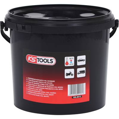 Ein schwarzer Eimer mit rotem Etikett von KS Tools, enthält 5 kg Reifenmontagepaste für Autos und Motorräder, Temperaturbereich -15°C bis 50°C.