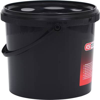 Ein schwarzer Eimer mit Griff und Deckel, Produktetikett mit rotem Logo auf der Seite.