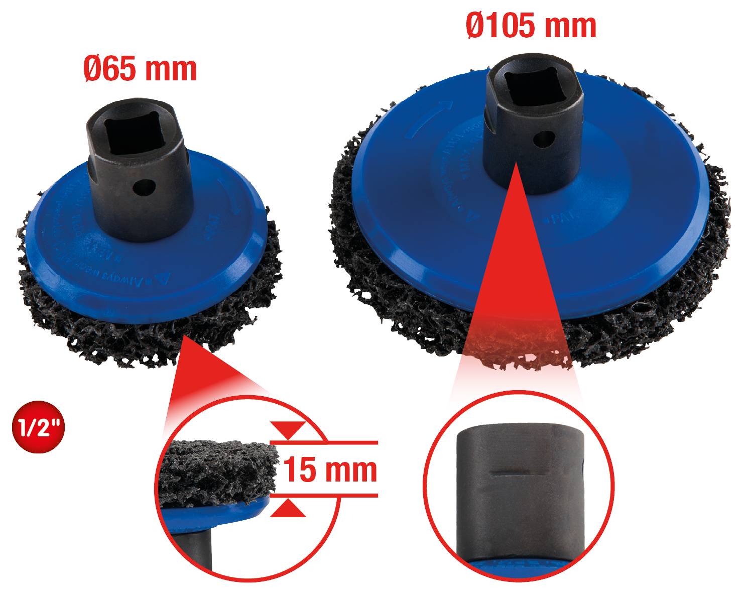 Zwei runde Schleifscheiben, eine mit Ø65 mm, die andere mit Ø105 mm, jeweils mit 1/2" Aufnahme, und Detail der 15 mm Dicke.