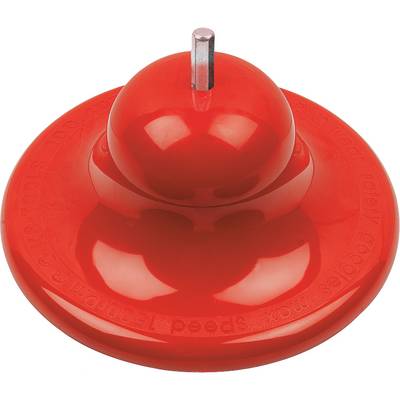 Rotes, rundes Küchengerät mit Griff oben, verwendet zum manuellen Zerkleinern oder Mischen von Zutaten.