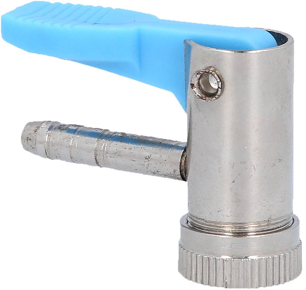 Ein silberfarbenes Metallventil mit einem blauen Kunststoffhebel, das vermutlich zum Regulieren des Luft- oder Wasserflusses dient.