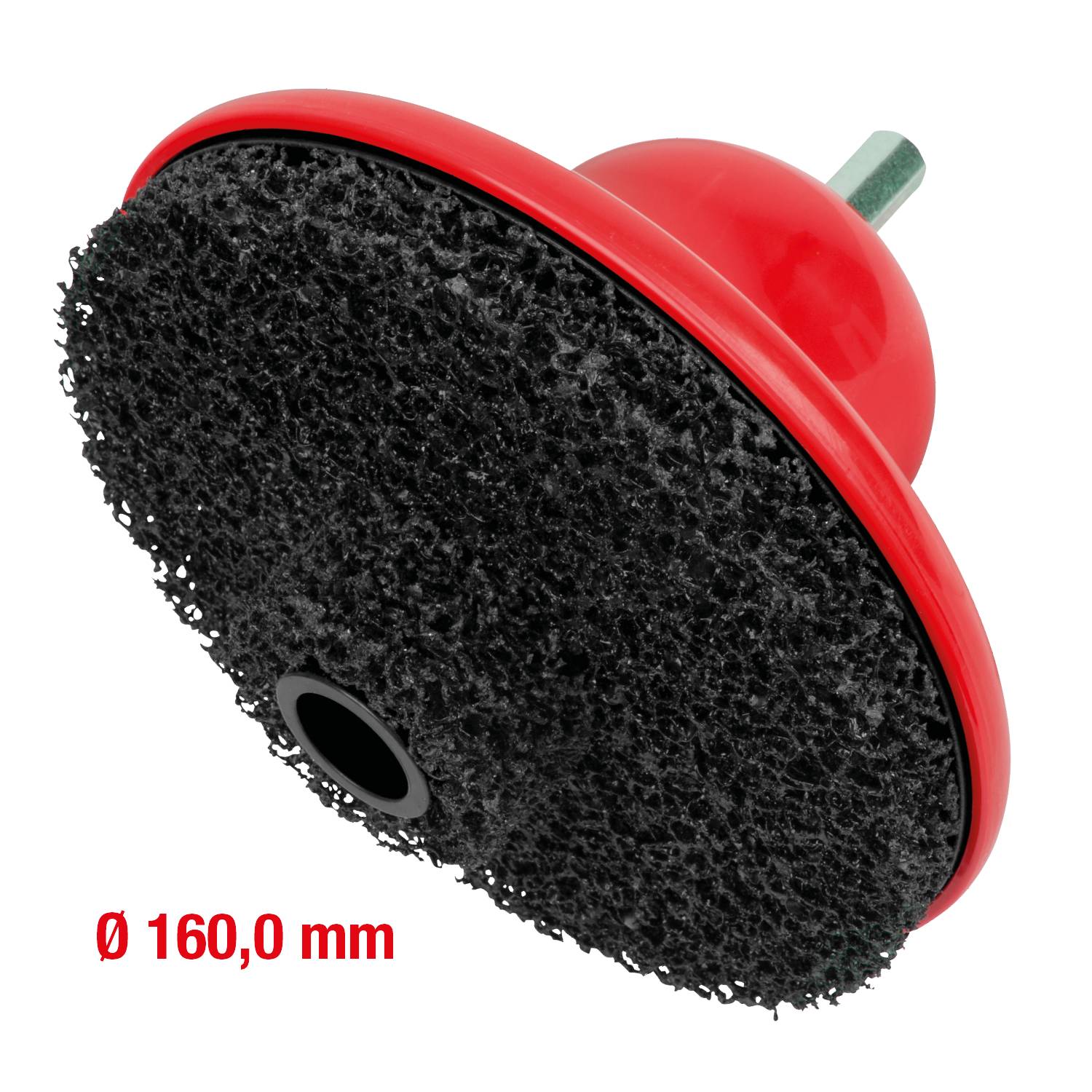 Schleifscheibe mit schwarzer, rauer Oberfläche und rotem Träger. Text 'Ø 160,0 mm' zeigt den Durchmesser.