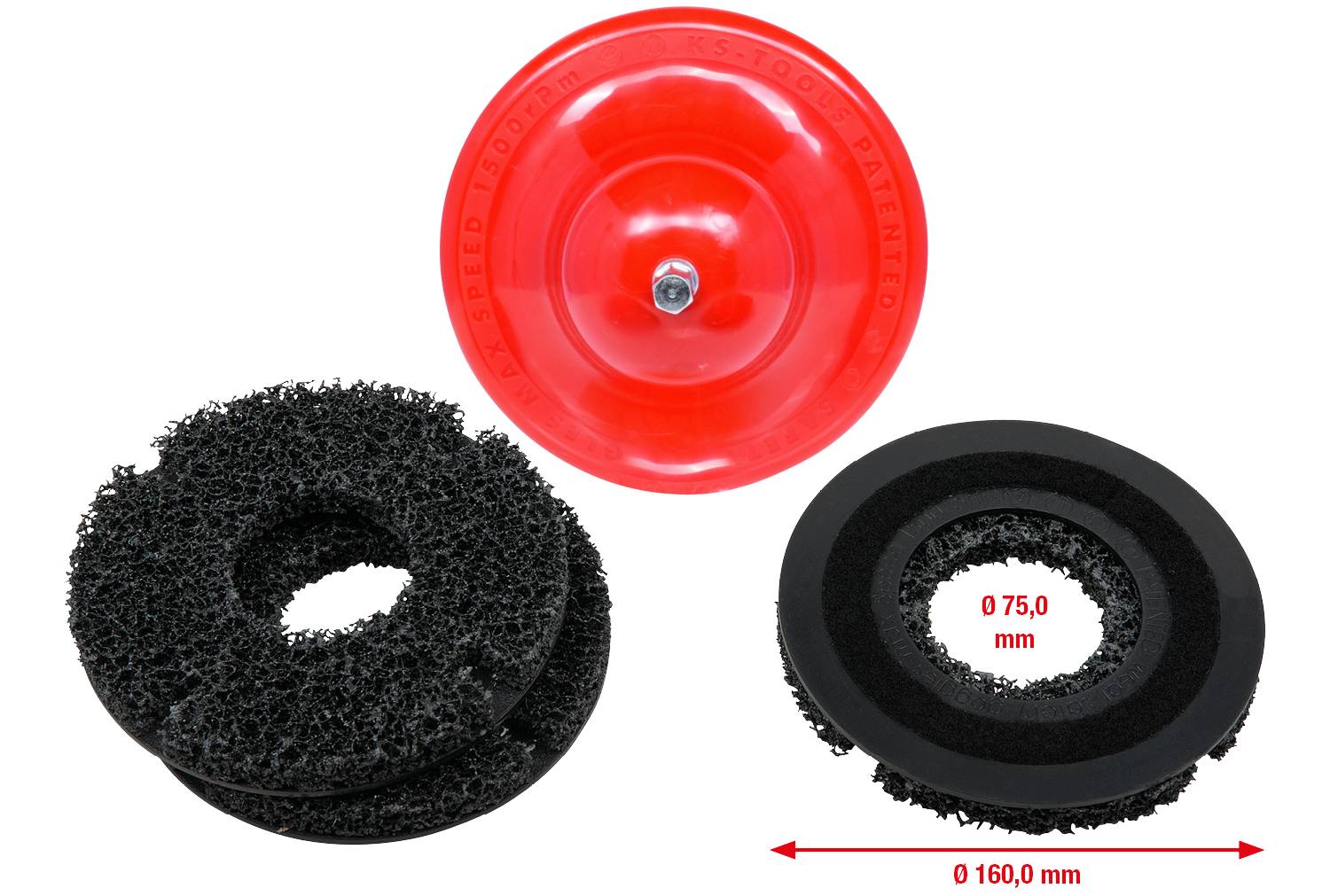 'Schleifwerkzeug-Set mit rotem Träger und zwei schwarzen Schleifscheiben. Durchmesserangaben: 75 mm und 160 mm.'