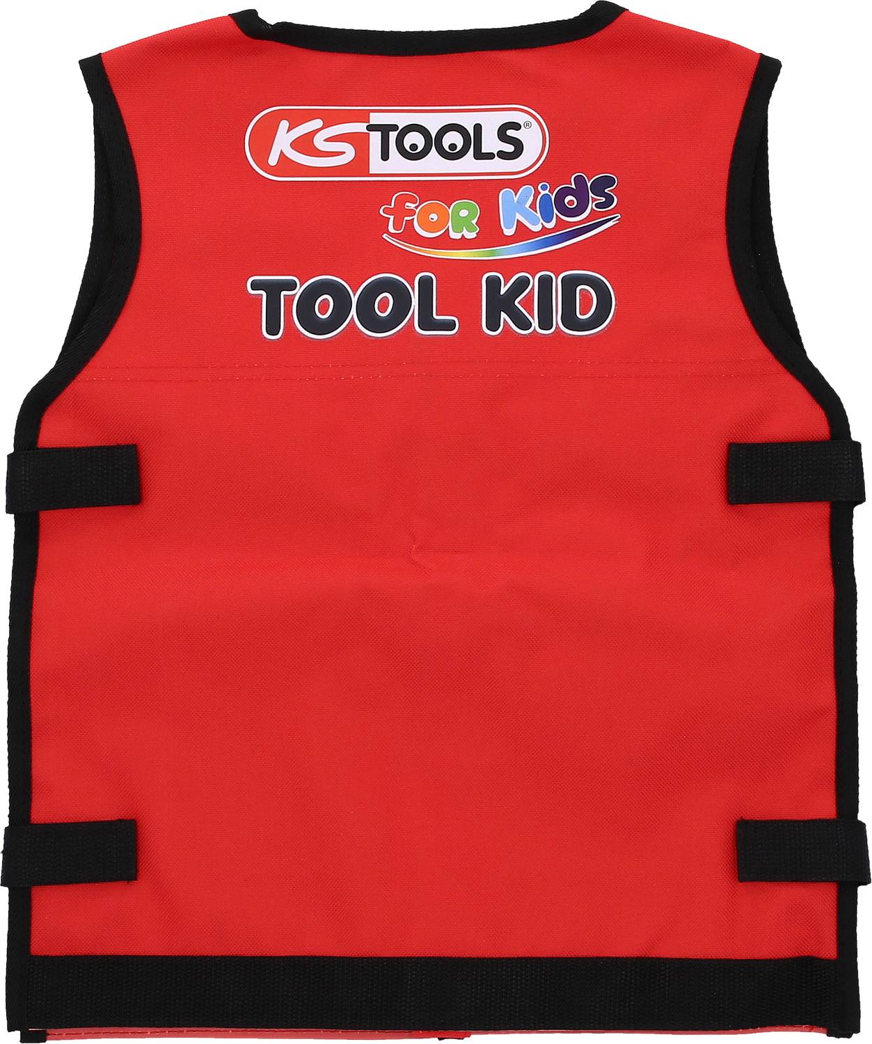 Rote Kinderwerkzeugweste mit Aufschrift 'KS Tools for Kids' und 'Tool Kid' auf der Rückseite. Verstellbare schwarze Bänder seitlich.