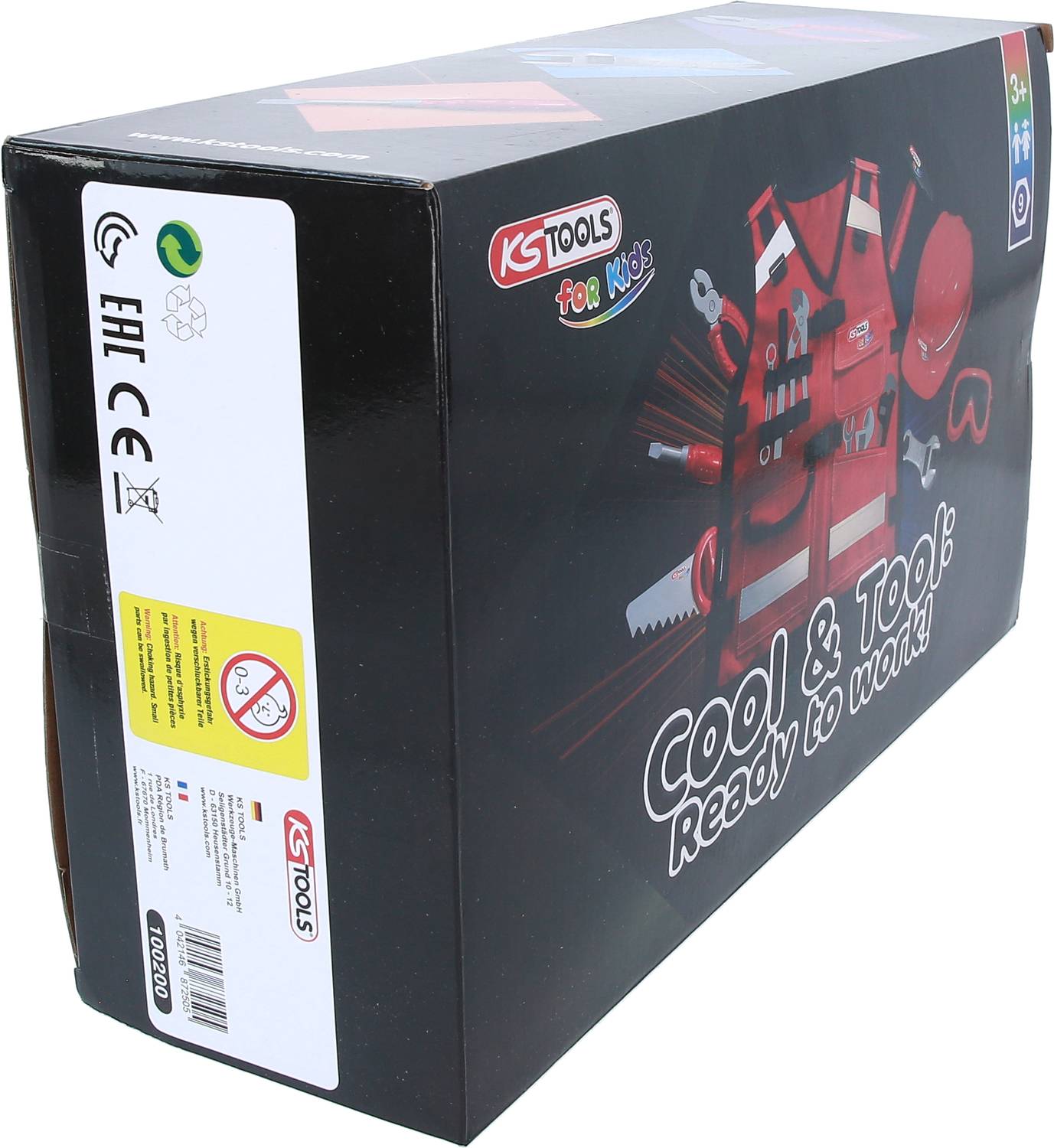 Verpackung eines Kinder-Werkzeugsets mit der Aufschrift 'Cool & Tool: Ready to work!'; enthält Spielzeugwerkzeuge und eine Weste.