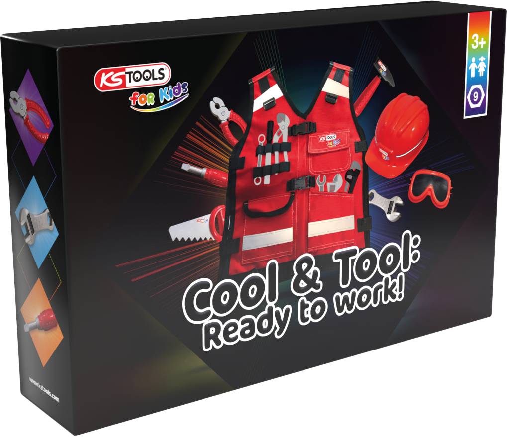 Eine Spielzeug-Box zeigt ein rotes Kinder-Werkzeugset mit Weste, Helm und Werkzeugen. Der Text sagt: 'Cool & Tool: Ready to work!'. Geeignet ab 3 Jahren.