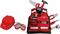 Rotes Kinderspielzeug-Werkzeugset mit Helm, Schutzbrille, Weste und Kunststoffwerkzeugen wie Hammer und Schraubenschlüssel.