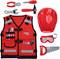 Rotes Kinderwerkzeug-Set: Helm, Weste mit Taschen, Säge, Schutzbrille und verschiedene Spielzeug-Werkzeuge.