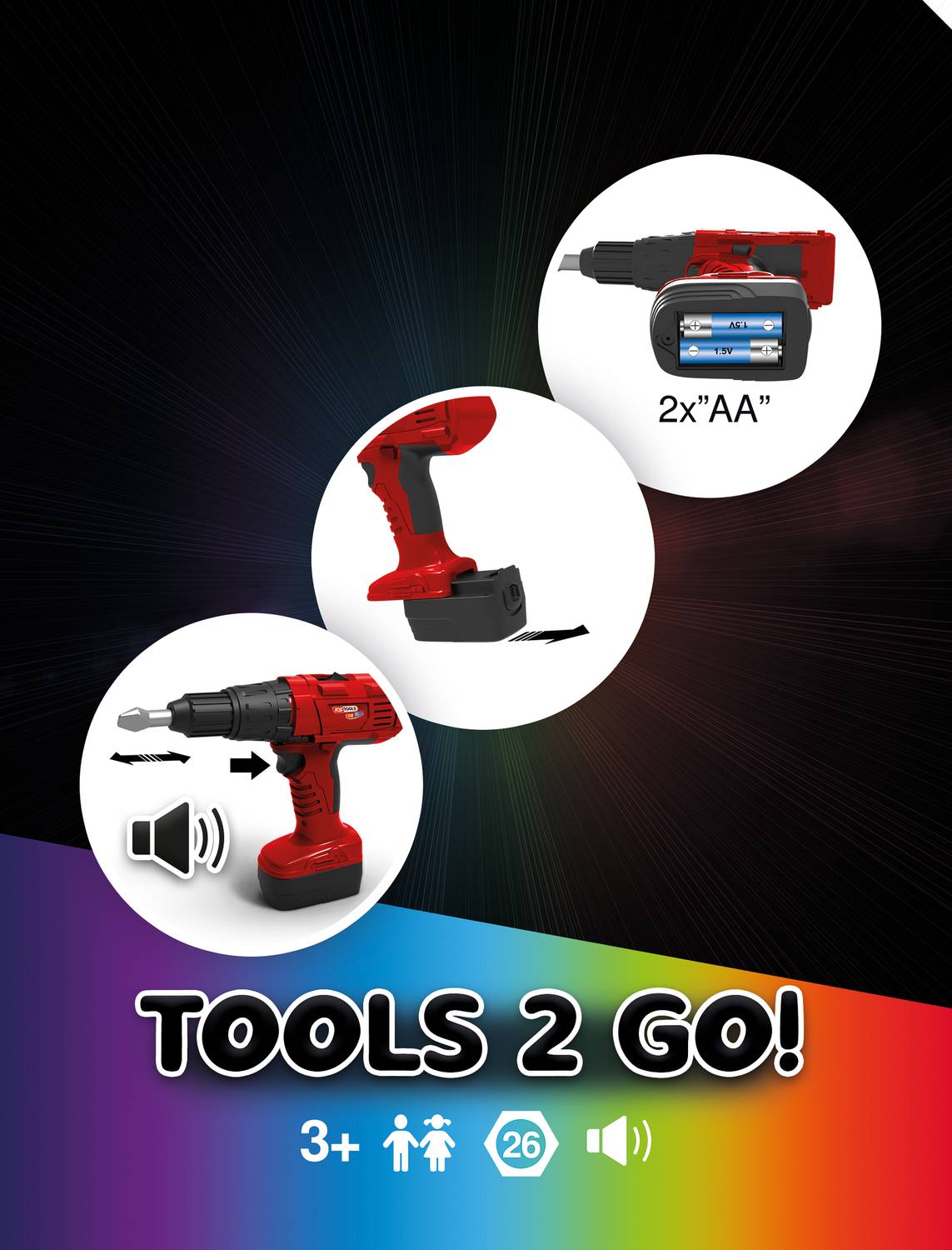 'TOOLS 2 GO!' zeigt ein rotes batteriebetriebenes Werkzeug, gekennzeichnet mit '2x"AA"', geeignet für Kinder ab 3 Jahren.