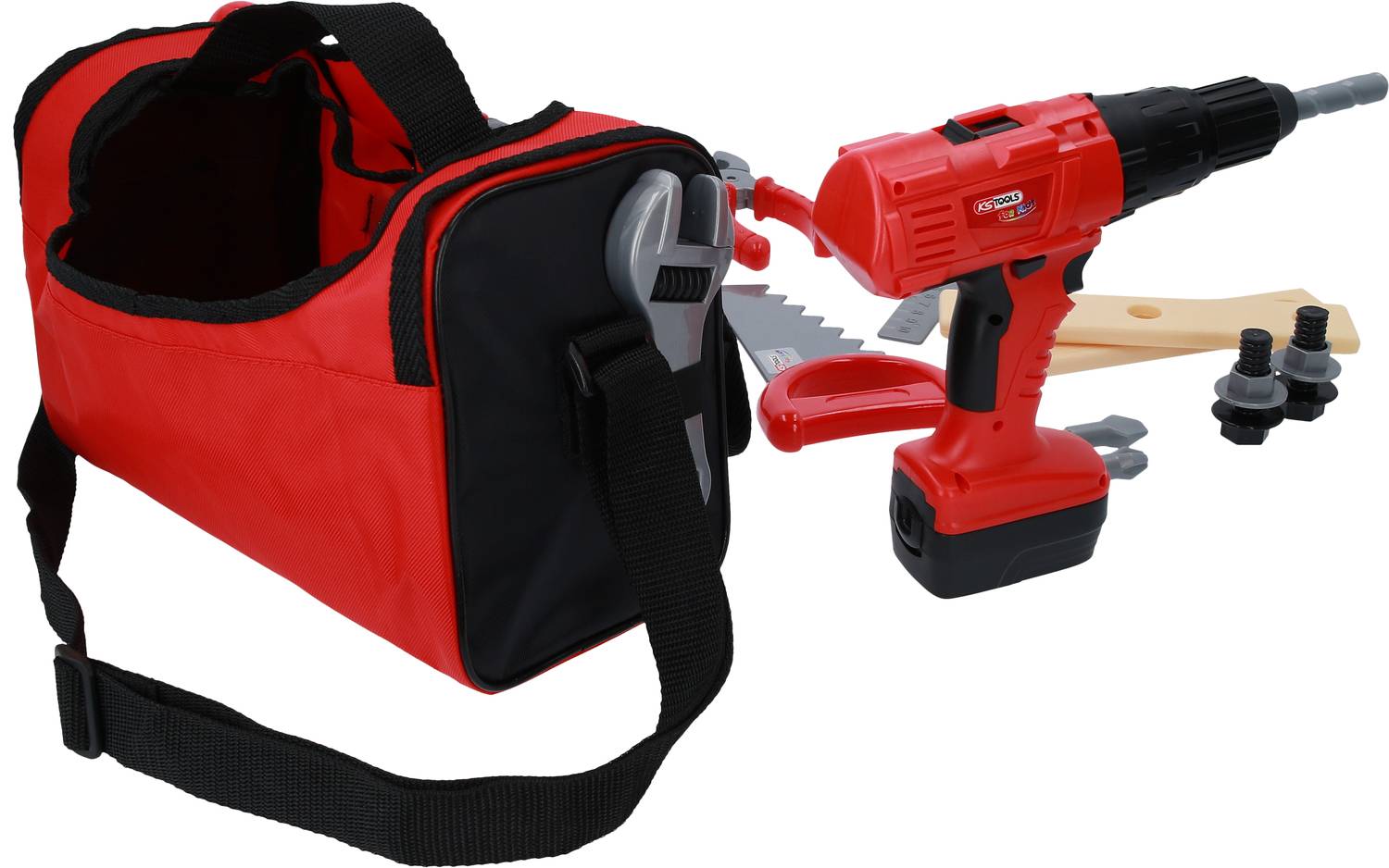Rote Werkzeugtasche mit Spielzeugwerkzeugen, darunter eine rote Spielzeugbohrmaschine, Schraubenschlüssel und Schrauben.