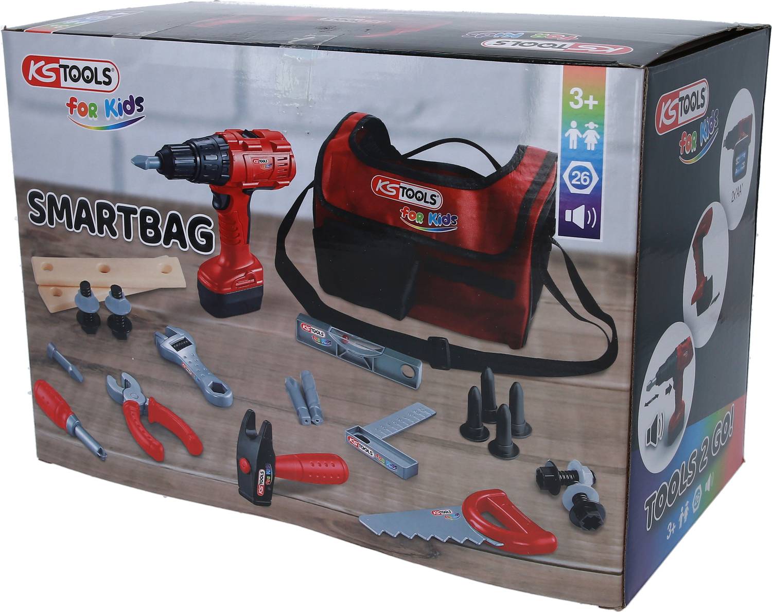 Spielzeug-Werkzeugset für Kinder in roter Tasche mit Bohrmaschine, Säge, Zange und Schraubenschlüssel. Enthält Holzstücke und Sicherheitskegel. Ab 3 Jahren geeignet.
