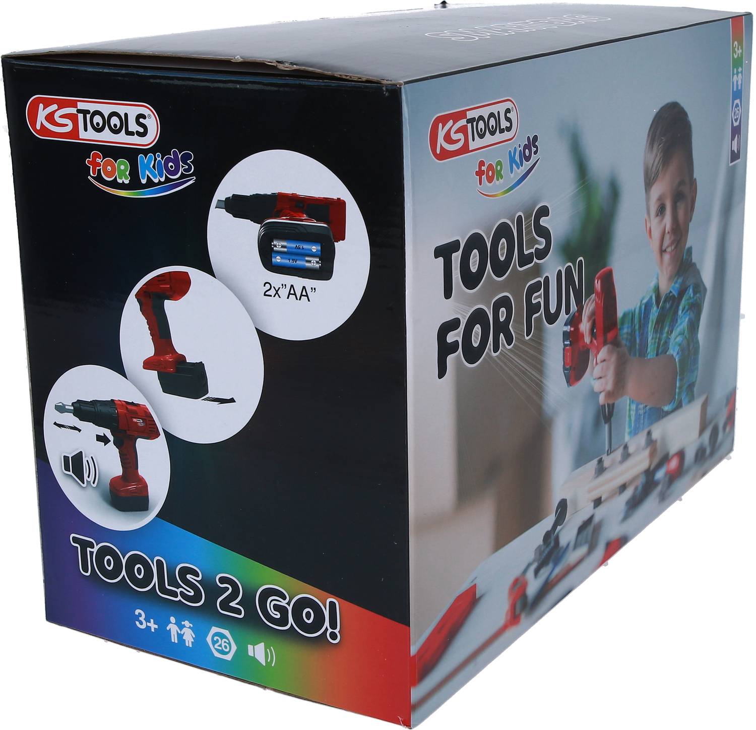 Das Bild zeigt eine Verpackung mit einem Kinderspielzeug-Bohrer, Markenlogo 'KS Tools for Kids', Aufschrift 'Tools for Fun'.