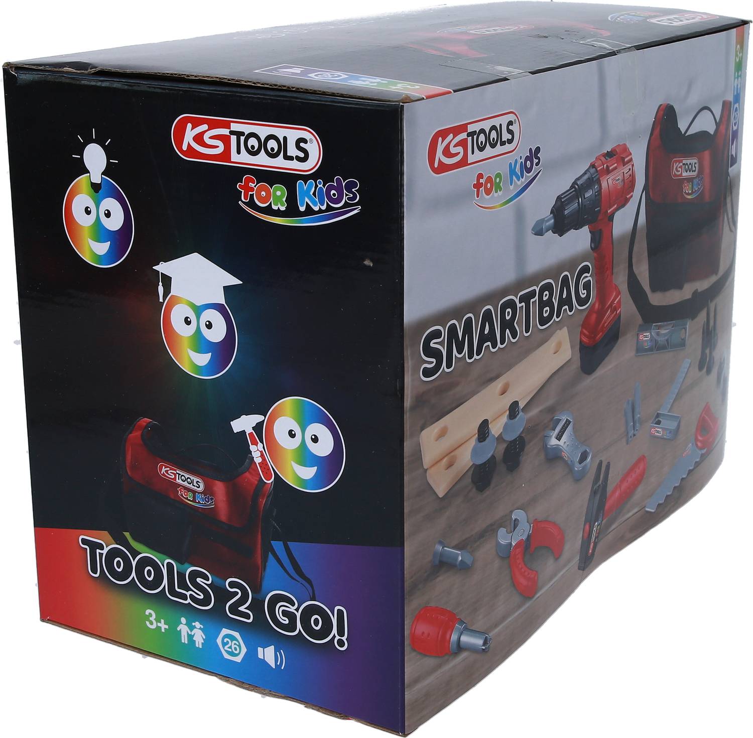 Die Verpackung zeigt 'KS Tools for Kids'. Enthält Spielzeugwerkzeugset mit Bohrer, Werkzeugtasche und Zubehör. Geeignet ab 3 Jahren.