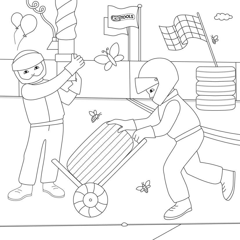 Zwei Personen bei einem Seifenkistenrennen. Eine Person hält ein Lenkrad, die andere schiebt das Fahrzeug. Im Hintergrund Reifen und Fahne.