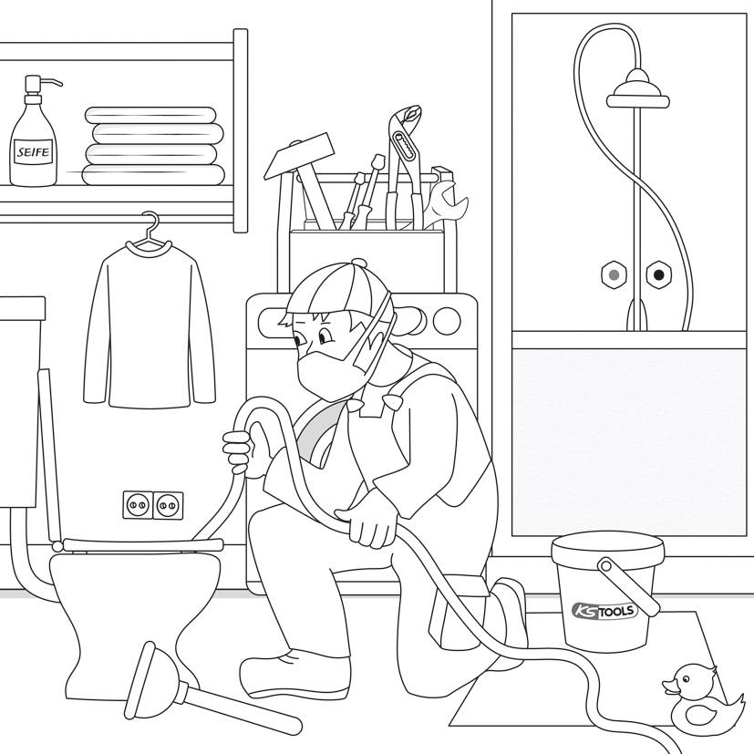 Ein Klempner im Schutzanzug repariert eine Toilette. Werkzeuge liegen bereit, und im Hintergrund sind Regale mit Reinigungsmitteln.