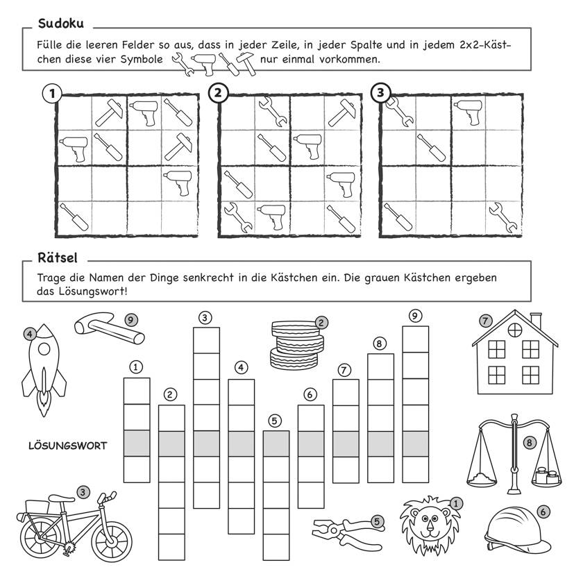 Ein Sudoku-Rätsel und ein Kreuzworträtsel mit einer Lösungsvorgabe. Die Rätsel enthalten Symbole wie Hammer und Schraubenschlüssel.