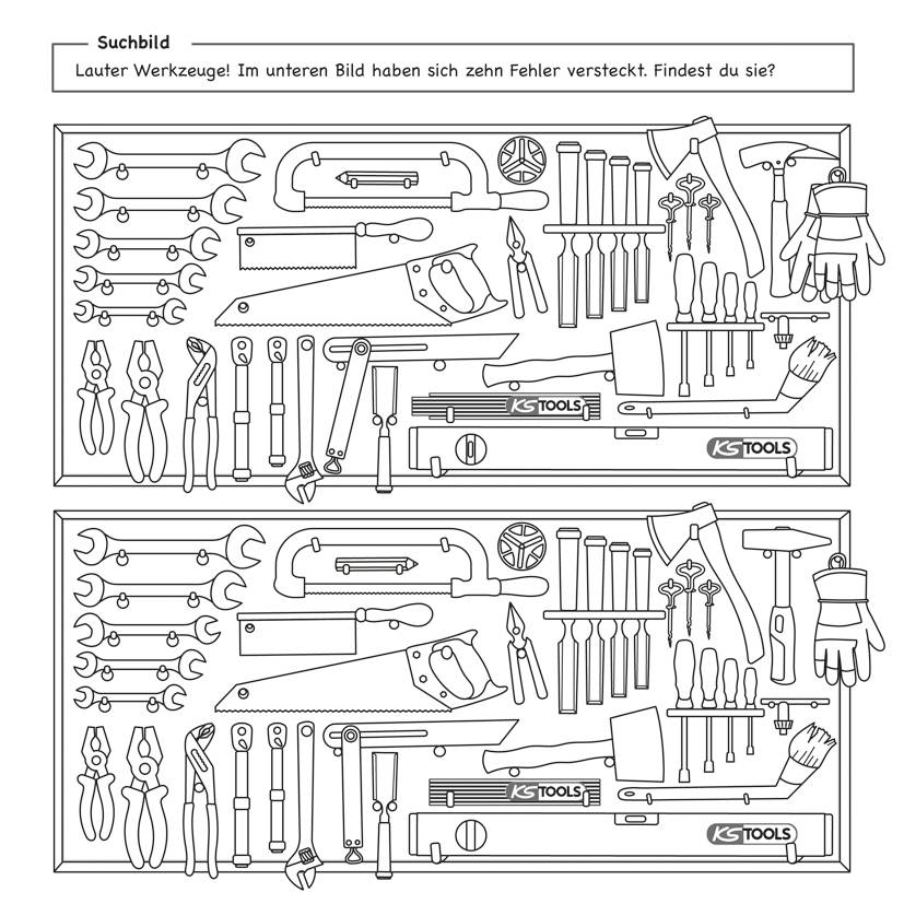 'Finden Sie die zehn Unterschiede zwischen zwei identischen Werkzeuganordnungen. Oben korrekt, unten mit Fehlern.'