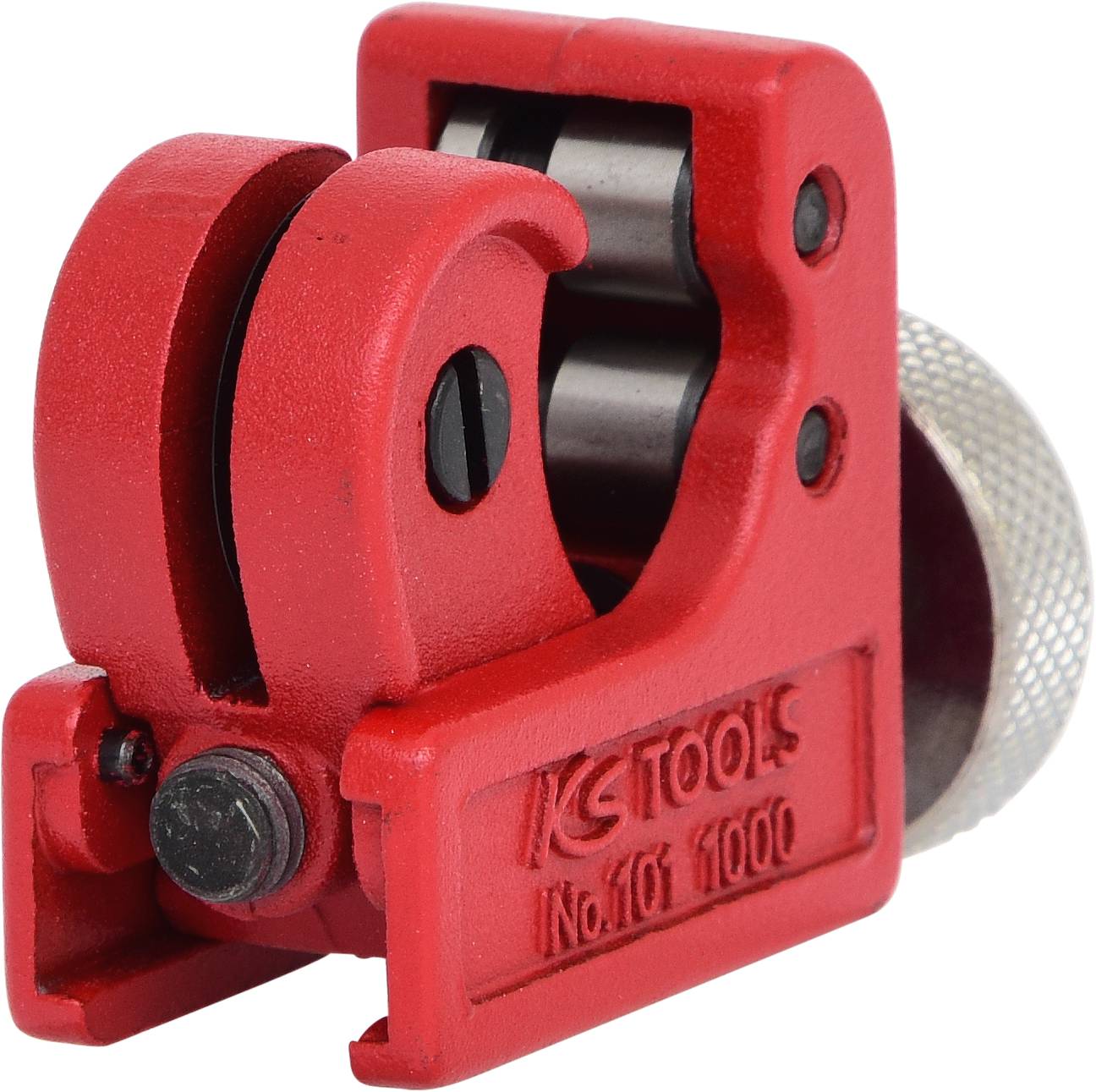 Rotes Rohrschneiderwerkzeug mit verstellbarem Schneidrad, silbernem Griff und 'KSTools' Aufschrift. Ideal zum Schneiden von Kupferrohren.