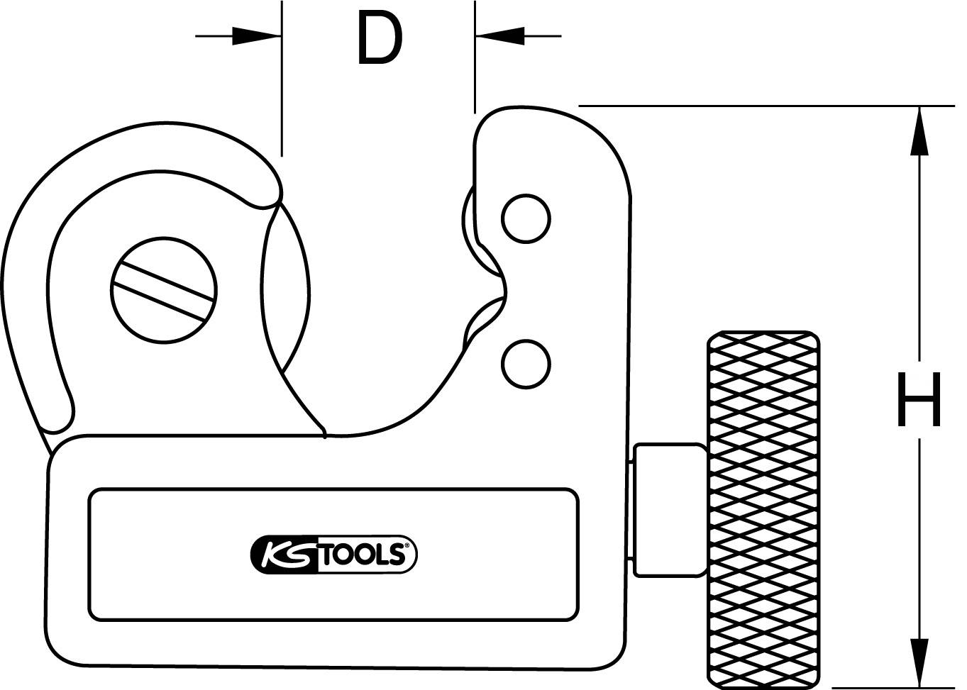 'Zeichnung eines Rohrabschneiders mit markierten Abmessungen D und H, zeigt Schneidrad und Drehknauf. KS Tools Logo sichtbar.'