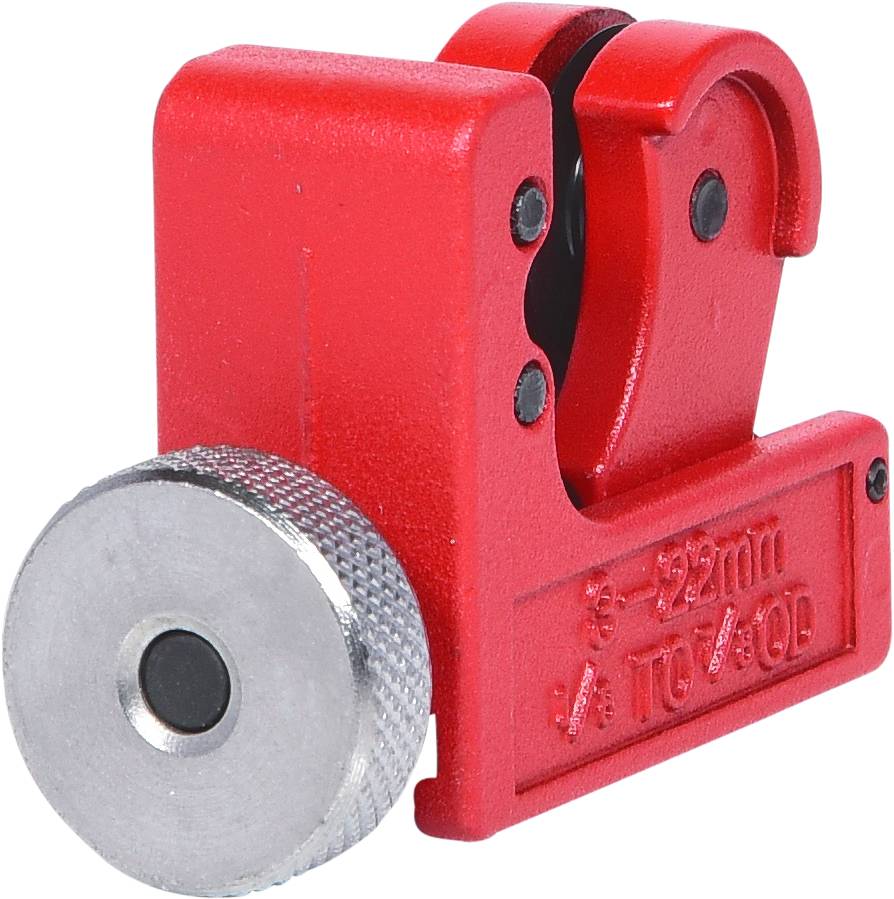Rotrohrschneider mit silbernem Drehknopf und '3-22 mm' Markierung, verwendet zum präzisen Schneiden von Rohren.