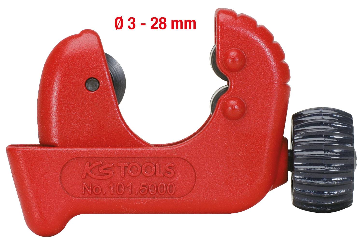 'Rotes Rohrschneidewerkzeug von KS Tools mit Skala von Ø 3 - 28 mm, geeignet für präzises Schneiden von Rohren.'