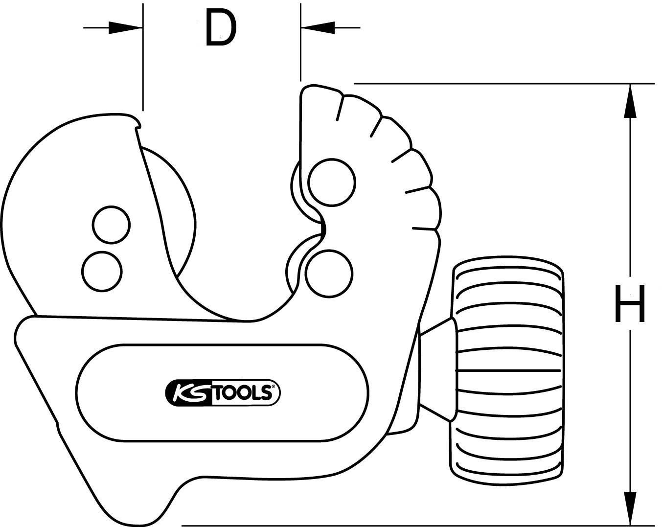 Diagramm eines Rohrschneiders von KS Tools, zeigt Maße 'D' und 'H'.