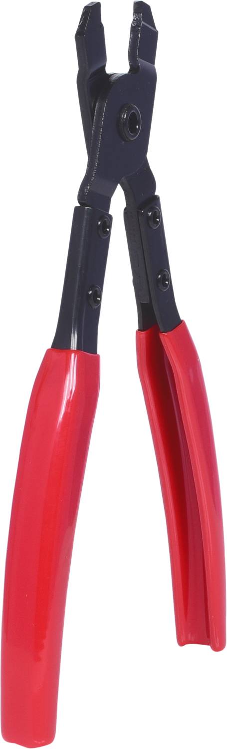 Zange mit roten Griffen und schwarzen Backen, verwendet für mechanische Arbeiten.