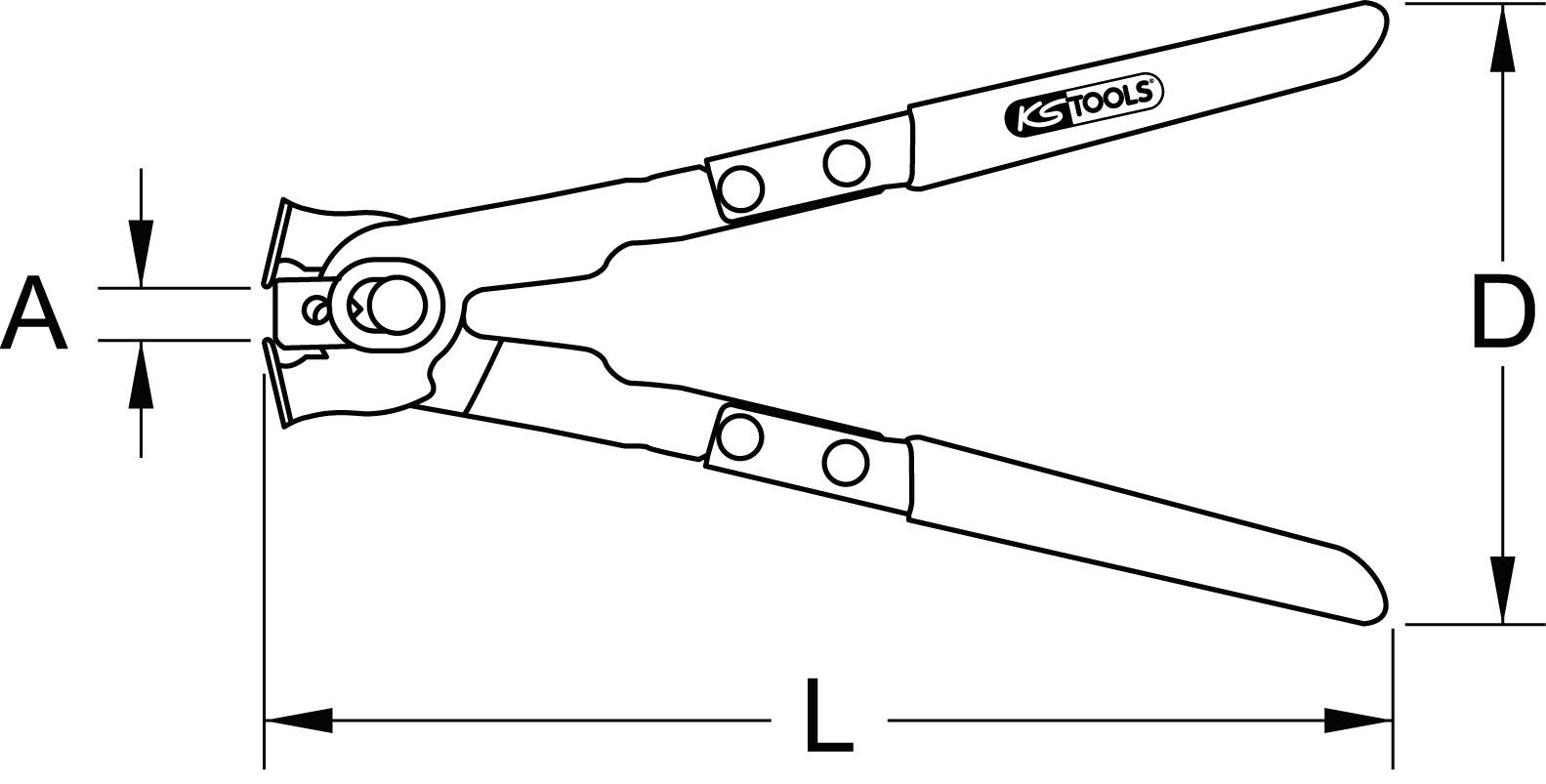 'Abmessungen einer Zange: A - Breite der Backen, D - Gesamtumfang, L - Gesamtlänge. Werkzeug mit KS Tools Logo.'