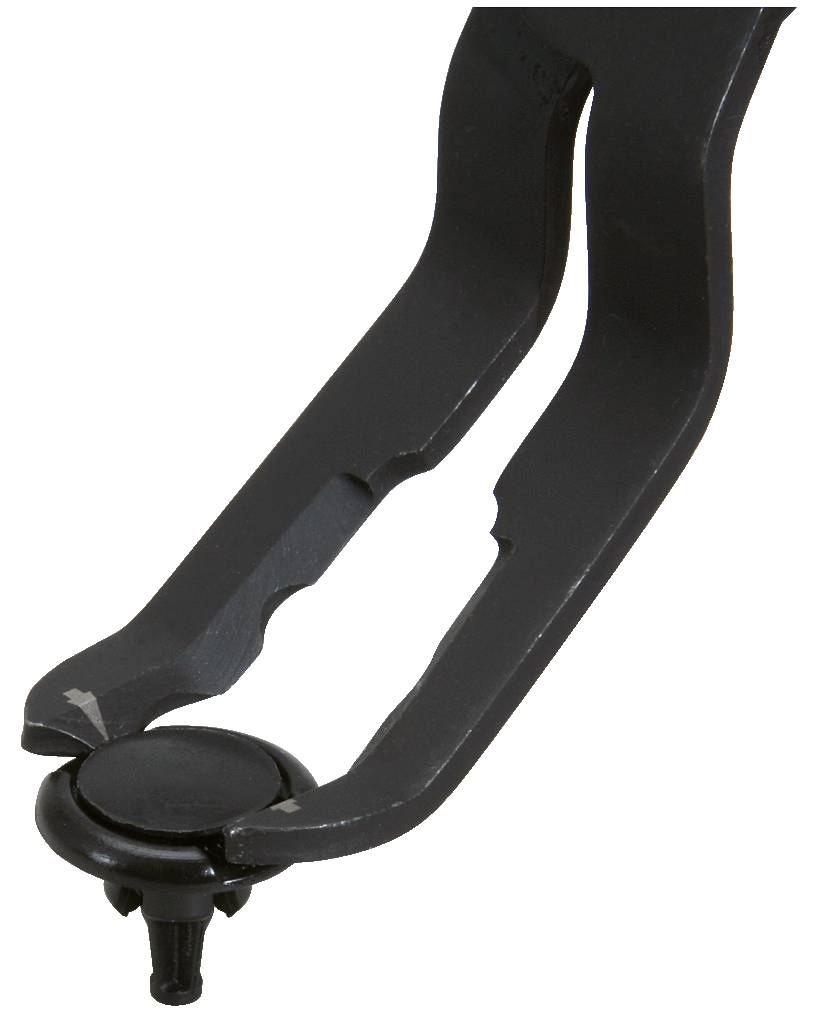 Zange hält eine Metallniete, die bereit ist, in ein Loch eingesetzt zu werden. Das Werkzeug zeigt, wie Nieten in Bauprojekten verwendet werden.