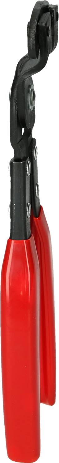 Rote Handgriffe eines Werkzeugs mit schwarzem, beweglichem Kopf, möglicherweise zum Greifen oder Schneiden.