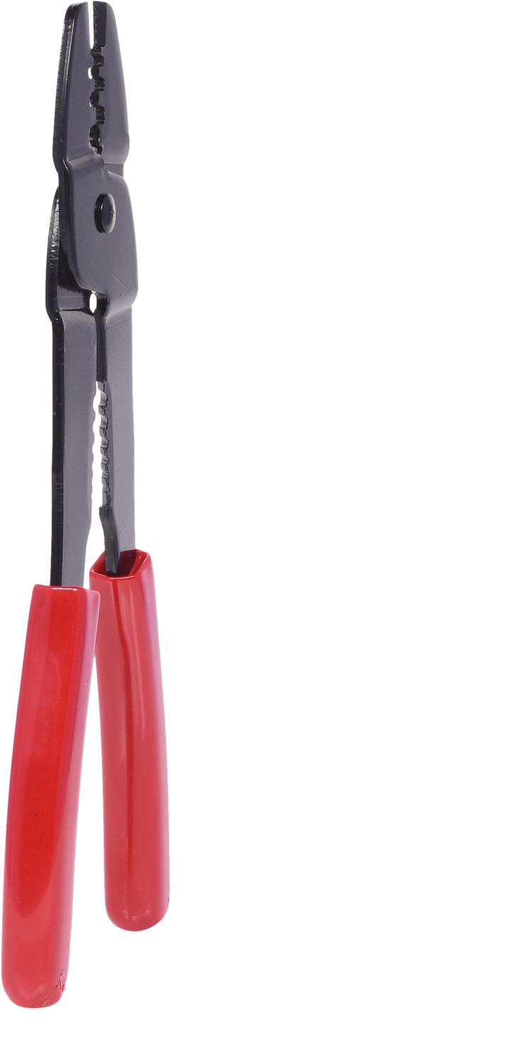 Eine Zange mit roten Griffen, geeignet zum Greifen oder Schneiden von Drähten oder kleinen Gegenständen.