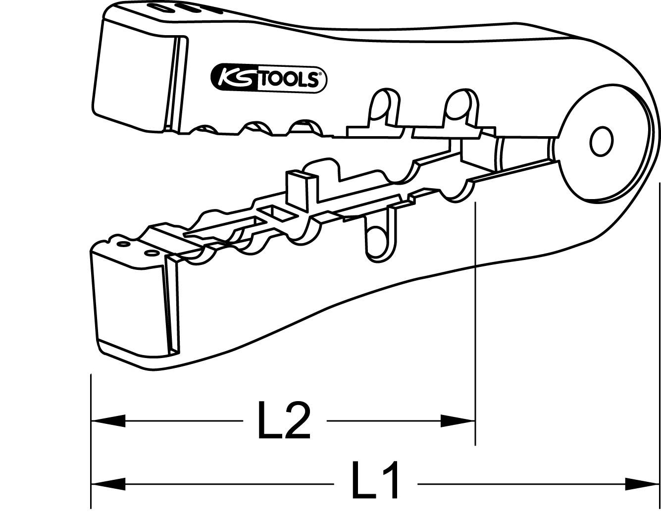 Abbildung eines KS Tools Kabelentmantlers mit zwei Längenangaben L1 und L2.