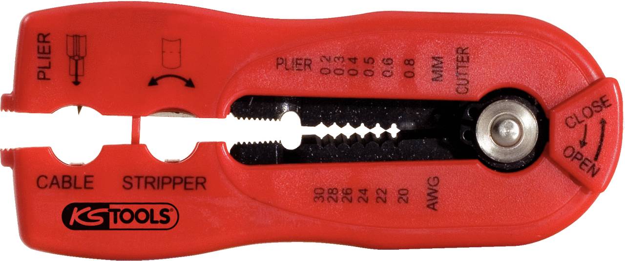 Kabelabisolierzange mit rot-schwarzem Design, rechtsseits ein Drehrädchen mit "Close" und "Open" Markierungen, geeignet zum Abisolieren von Kabeln unterschiedlicher Dicke.